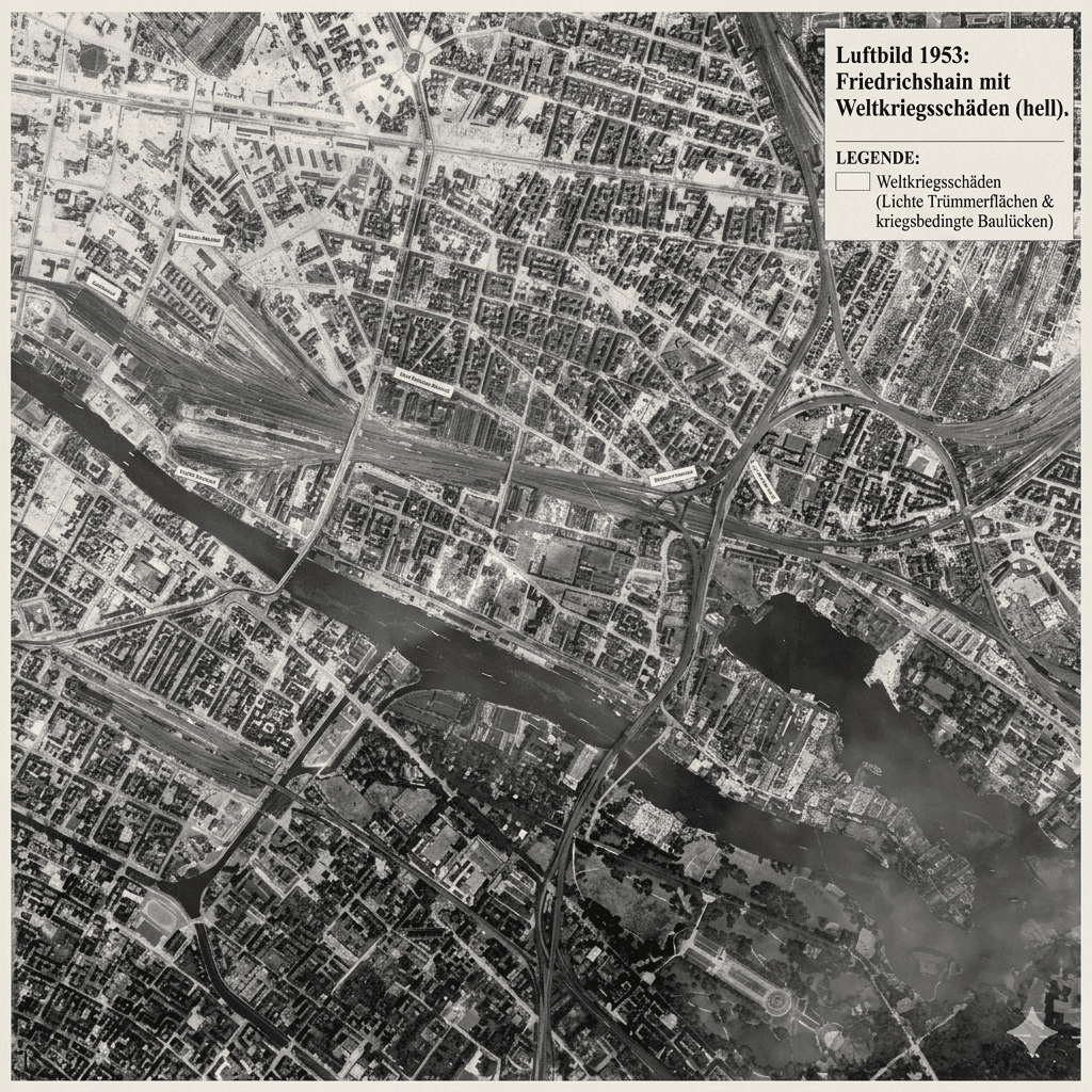1953 aerial photograph of Friedrichshain showing WWII bomb damage — bright patches mark destroyed buildings and rubble fields around Seumestraße